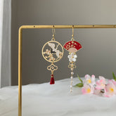 Crane and Fan Earrings with Cherry Blossom - Red Japanese Asymmetrical Fan unique earrings Dangle - Oriental earrings